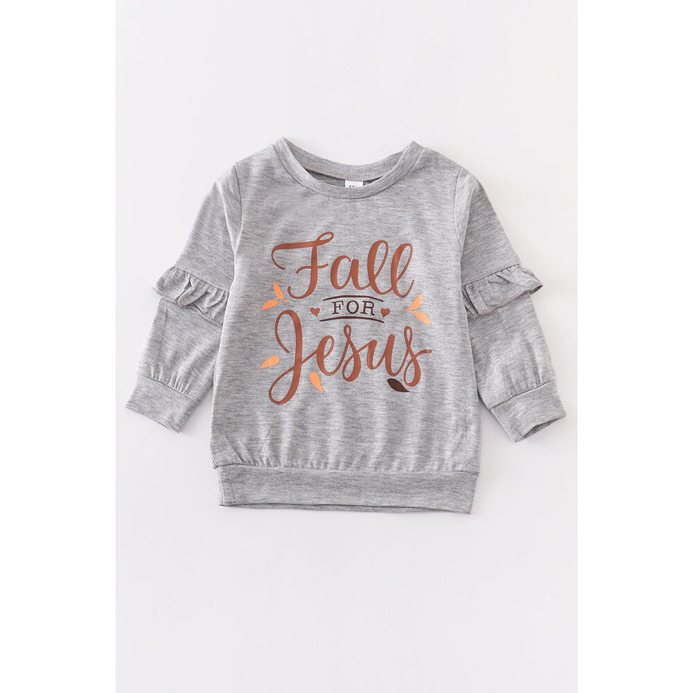 Grey fall for jesus ruffle girl top